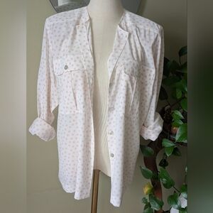 Liz Claiborne Women's Size 10 Cream Pink Polka Dot Long Sleeve Blouse